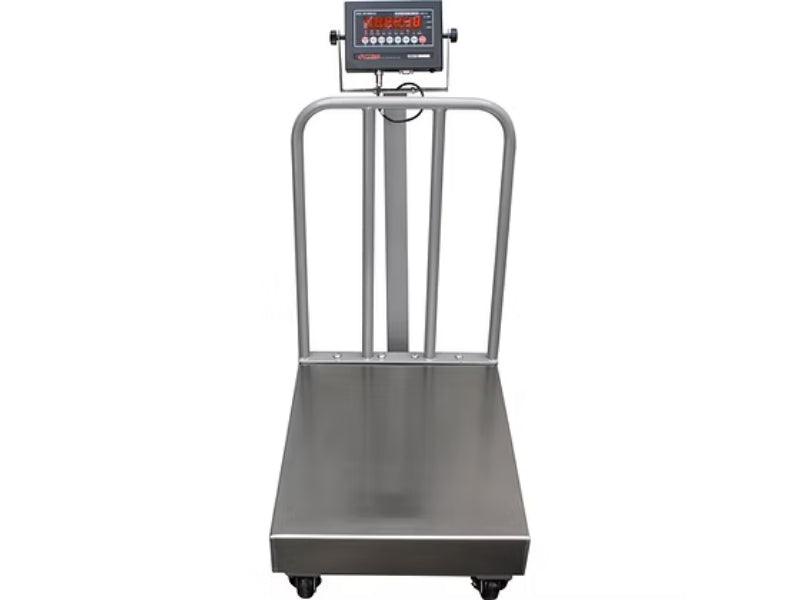 Optima Scale OP-915SS Stainless Steel Washdown Bench Scale with Wheels and Backrail For Industrial Weighing - Northline Scale