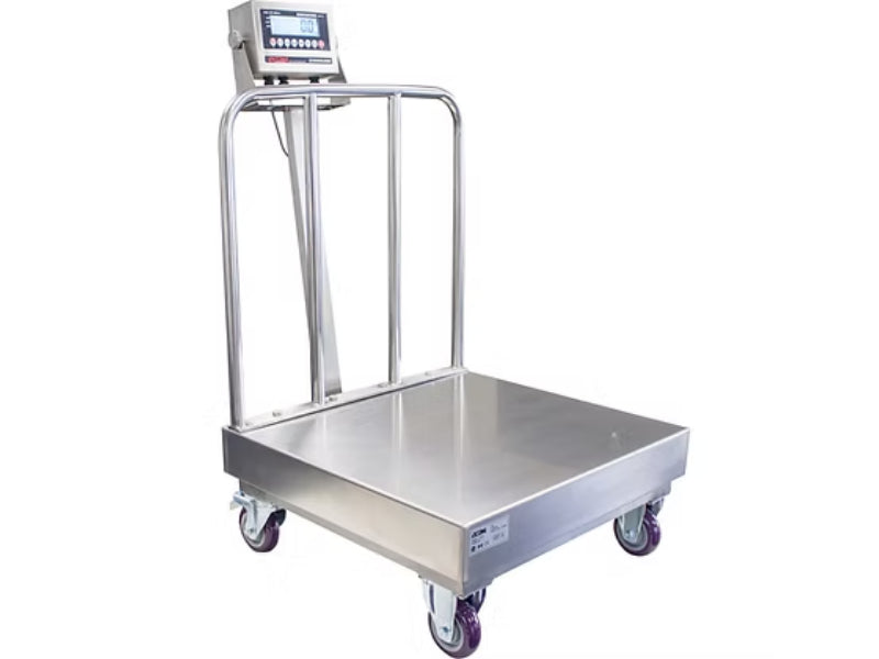 Optima Scale OP-915SS Stainless Steel Washdown Bench Scale with Wheels and Backrail For Industrial Weighing