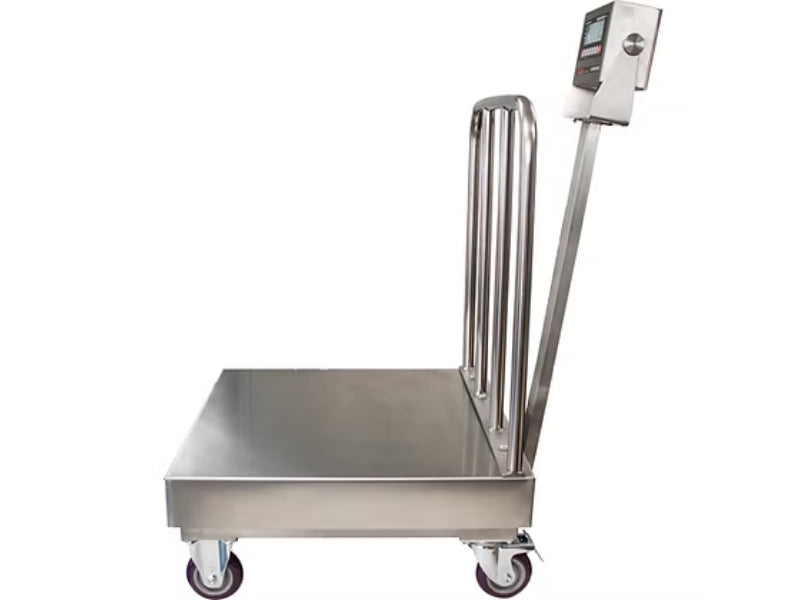 Optima Scale OP-915SS Stainless Steel Washdown Bench Scale with Wheels and Backrail For Industrial Weighing