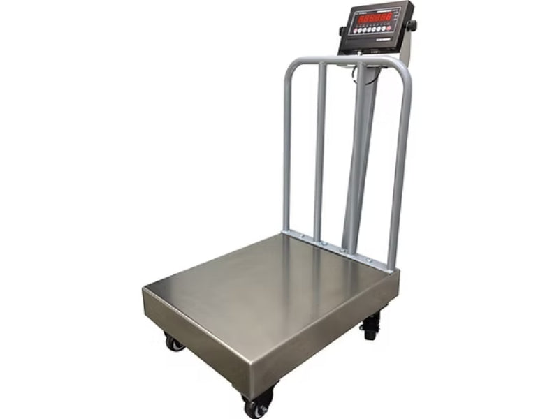 Optima Scale OP-915SS Stainless Steel Washdown Bench Scale with Wheels and Backrail For Industrial Weighing
