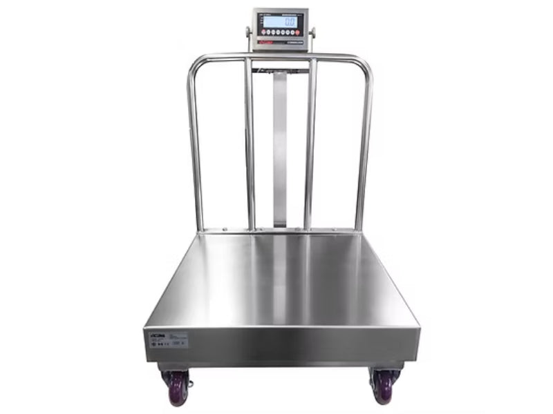 Optima Scale OP-915SS Stainless Steel Washdown Bench Scale with Wheels and Backrail For Industrial Weighing