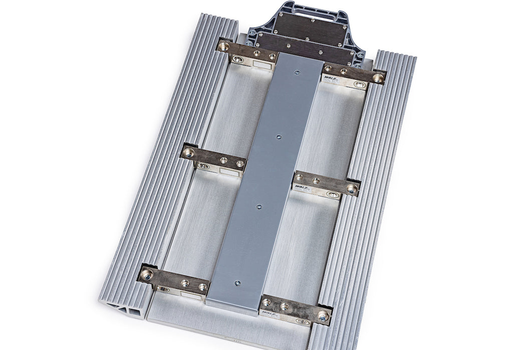 View of the underside of the Walz Scale AXW-20 Portable Axle Scale, showing the load cells.